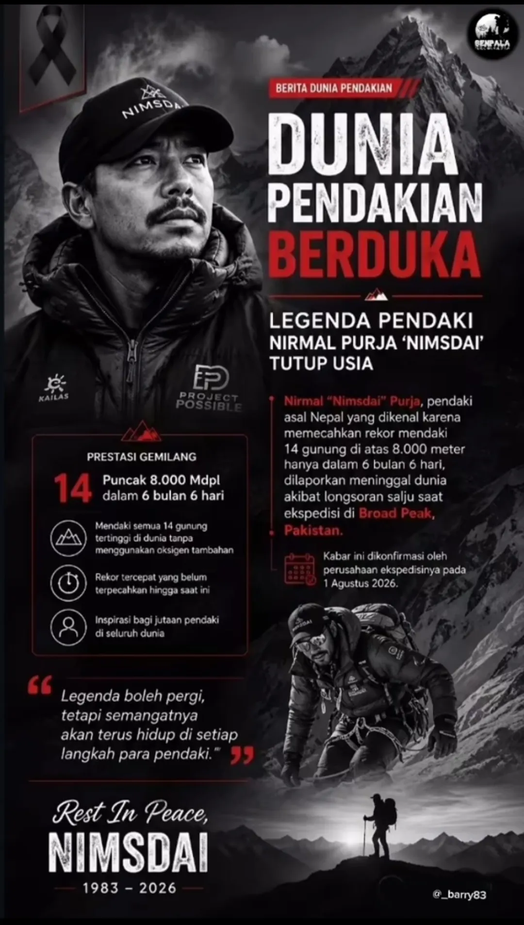 Nirmal (Nimsdai) Purja, Pendaki Paling Berpengaruh Dunia Tewas Diterjang Longsoran Salju