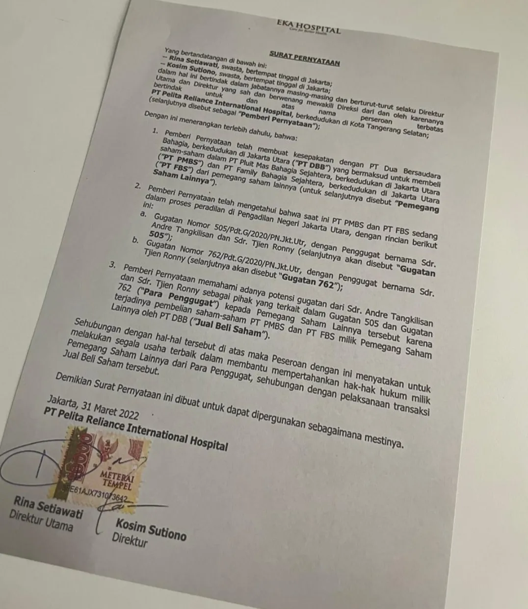 Beredar Surat Transaksi Eka Hospital Tahun 2022 di Tengah Sengketa Hukum RSIA Family Pluit